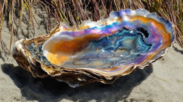 inside of an iridescent oyster shell on the beach