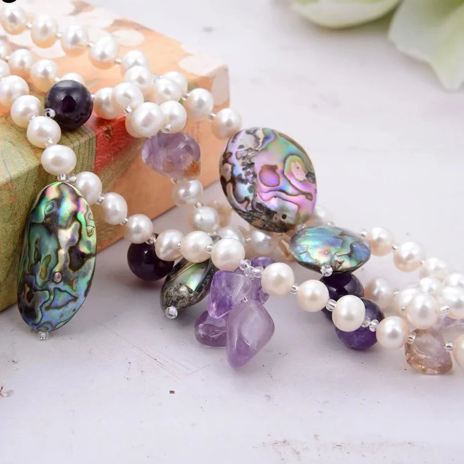 White Pearl Amethyst Abalone Shell Bracelet