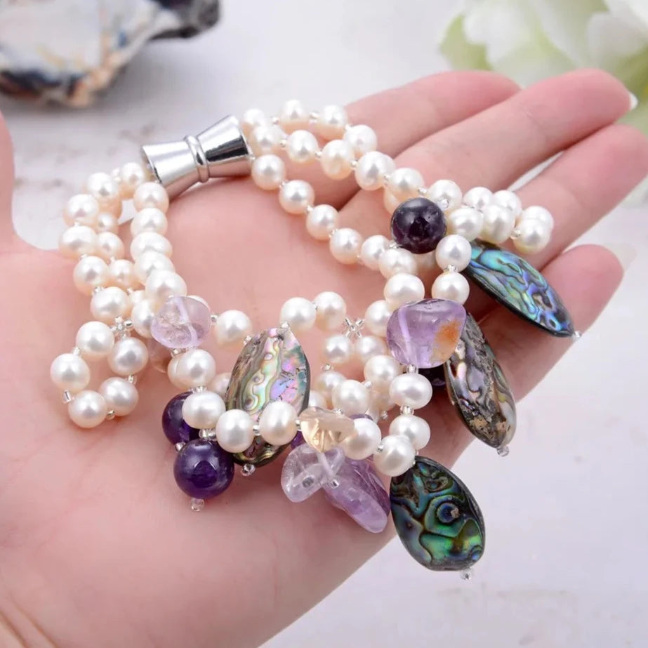 White Pearl Amethyst Abalone Shell Bracelet