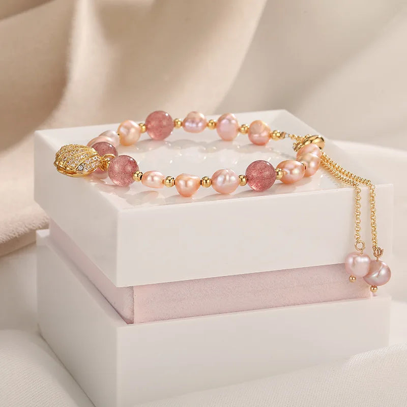 Pink Pearls and Scallop Charm Bracelet