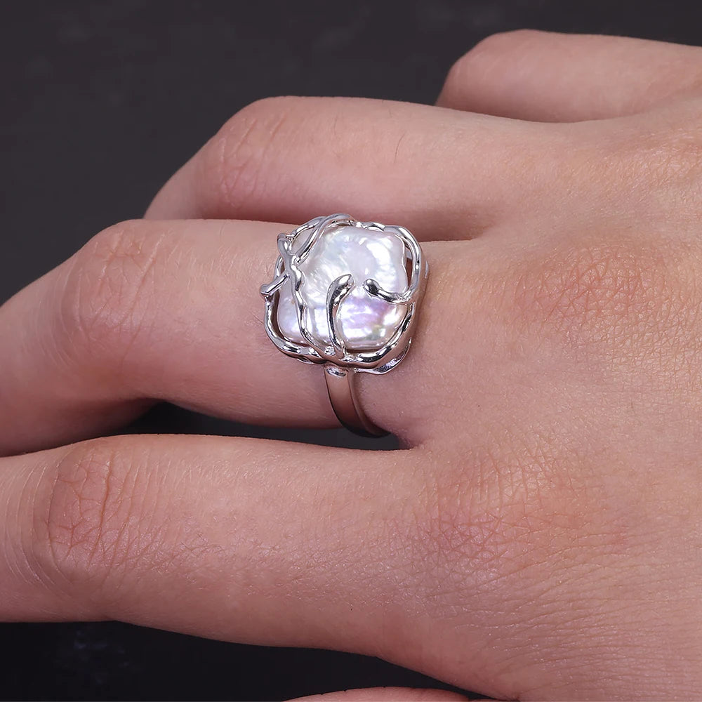 Real Silver Baroque Pearl Ring