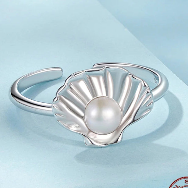 Silver Seashell Pearl Ring