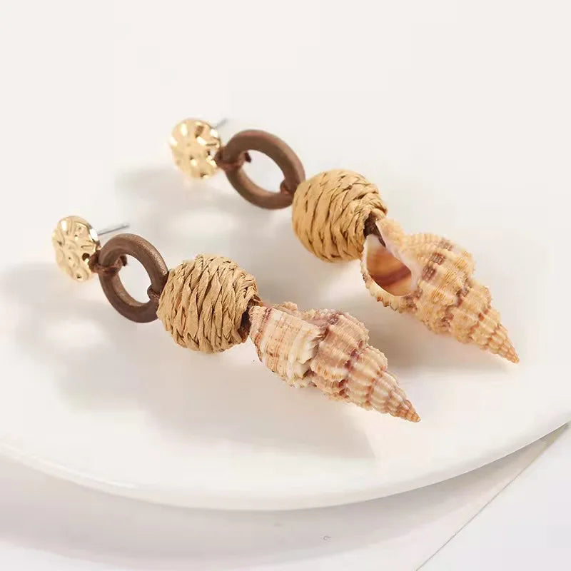 Rattan and Conch Earrings