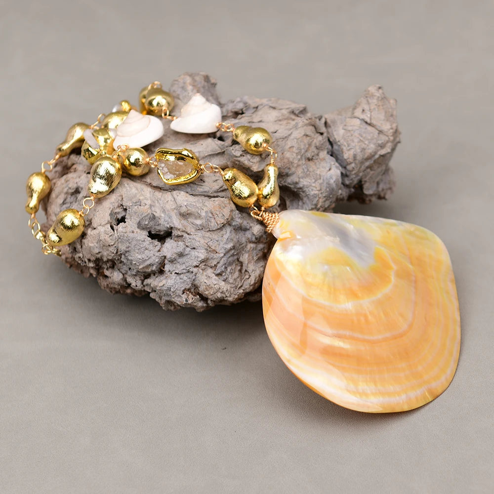 Necklace With Big Yellow Seashell Pendant