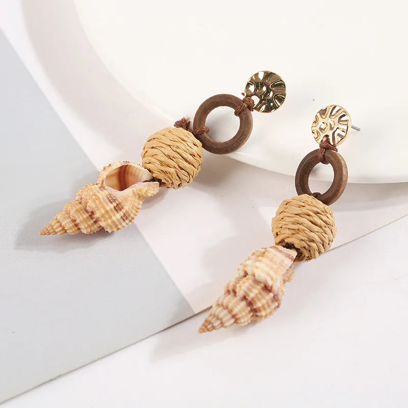 Rattan and Conch Earrings