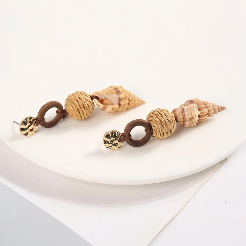 Rattan and Conch Earrings