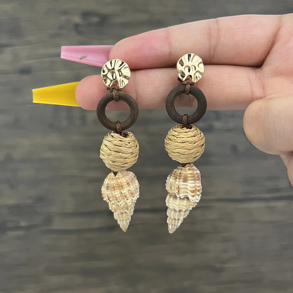 Rattan and Conch Earrings