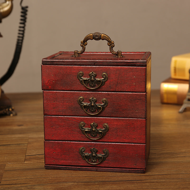 Antique Wooden Jewelry Box with Drawers