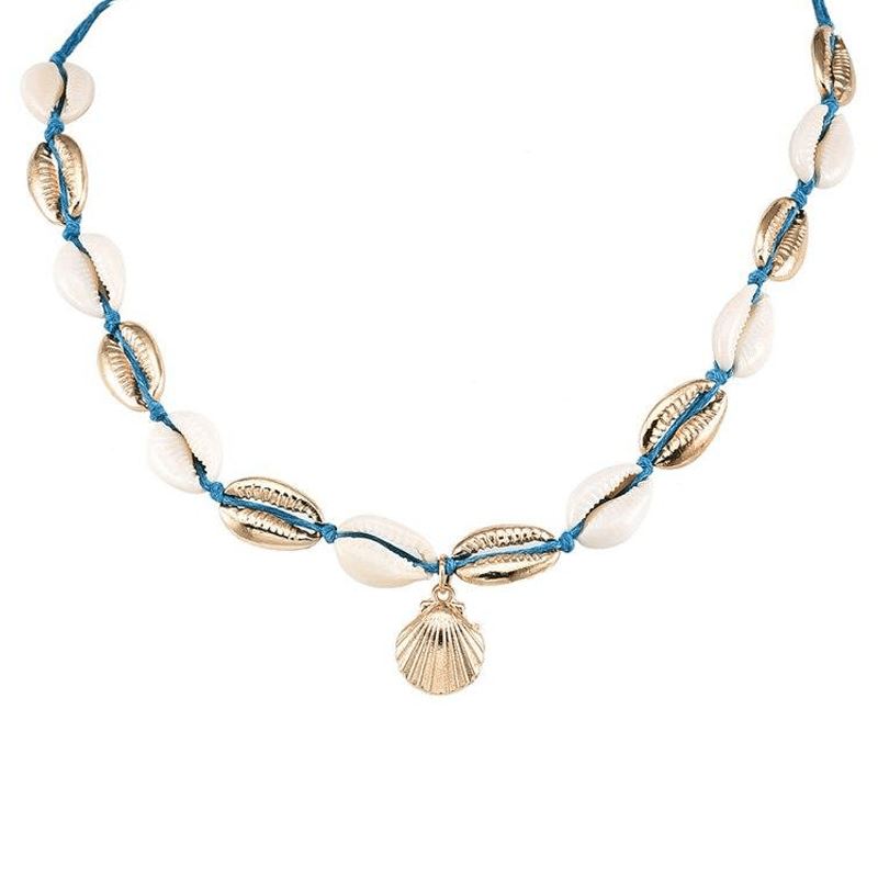 Shell Necklace with Cowrie Shells and Blue Scallops