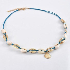 Shell Necklace with Cowrie Shells and Blue Scallops