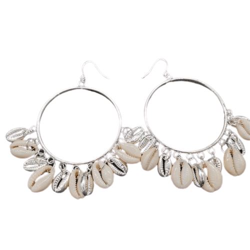 Silver Creoles with White Cowrie Shells