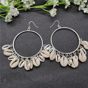 Silver Creoles with White Cowrie Shells