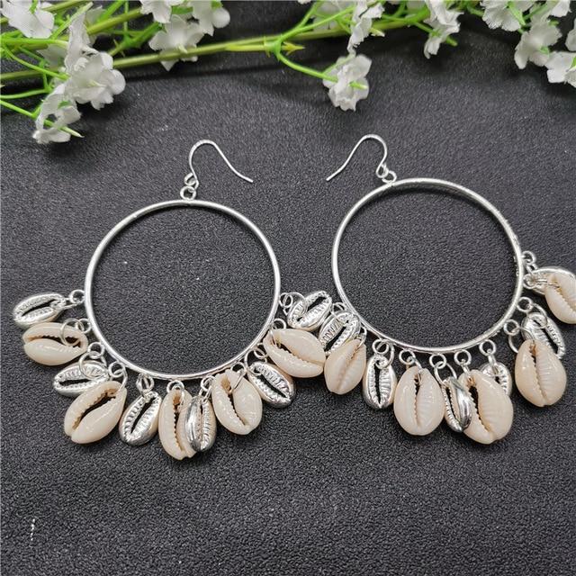 Silver Creoles with White Cowrie Shells